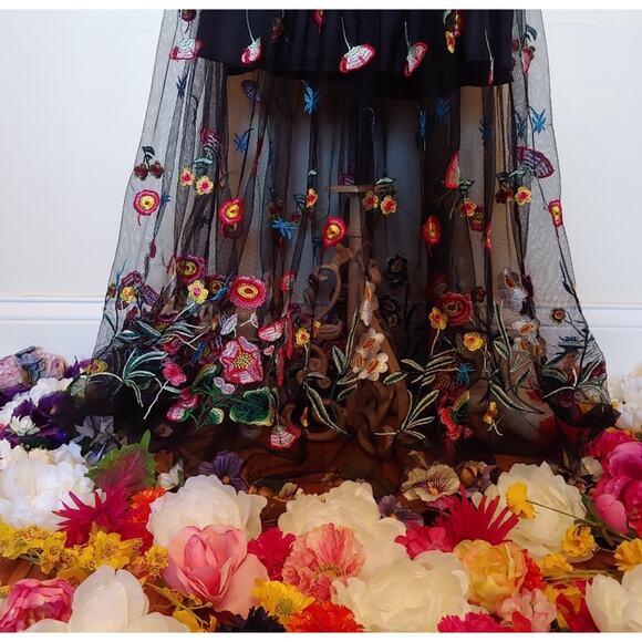 L'Atiste by Amy Floral Embroidered Mesh Midi Dress Gown Homecoming Prom Black S - Picture 3 of 8